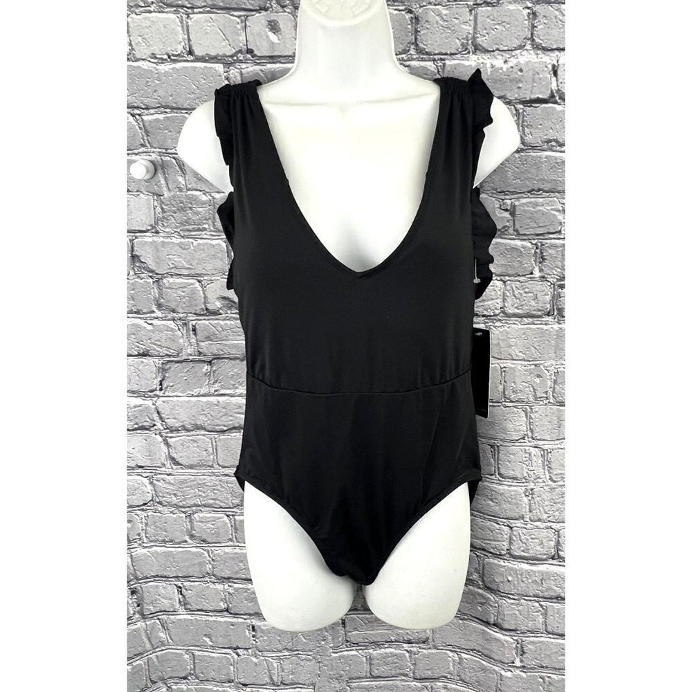 Catalina Swimwear Black 1 Piece Swimsuit Size M Ruffle Smocked Deep Plunge NWT